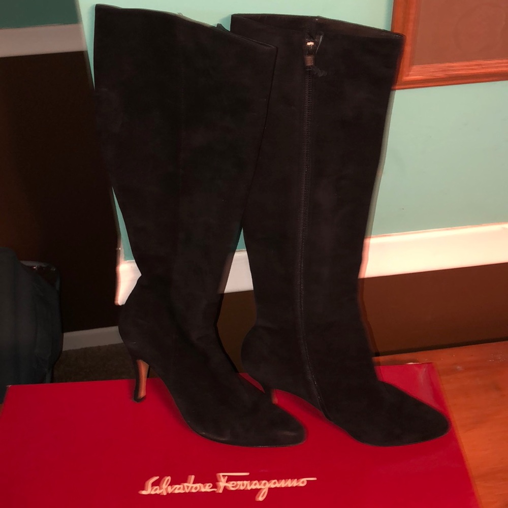 Ferragamo suede Italian knee H-full zip boot